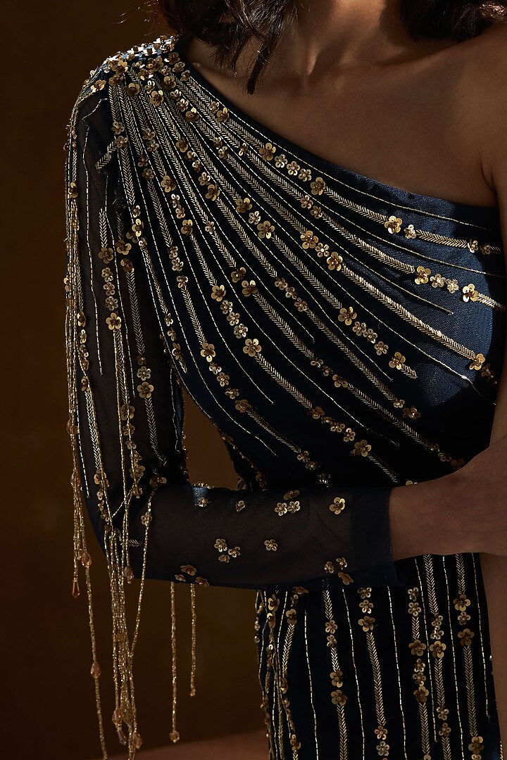 Blue Embroidered Off Shoulder Engagement Gown by Sanya Gulati at Pernia's Pop Up Shop