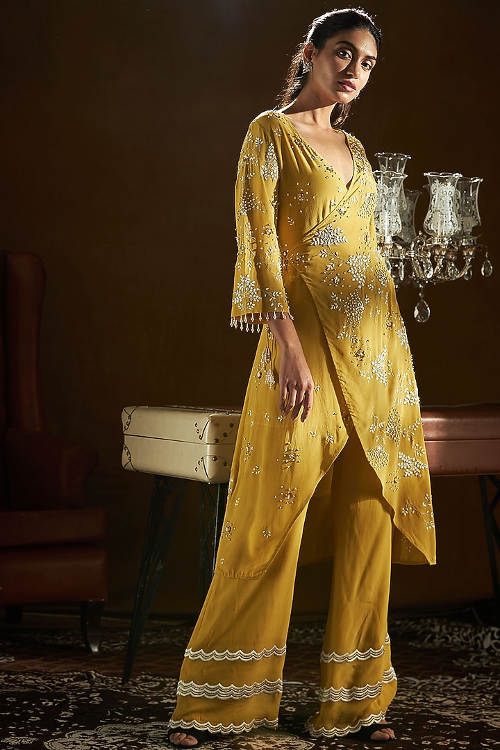 Mustard Yellow Embroidered Overlap Kurta With Pants by Sanya Gulati at Pernia's Pop Up Shop