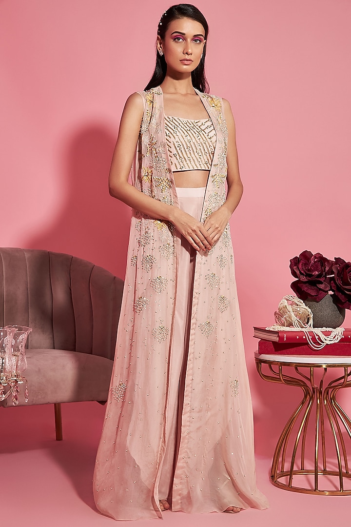 Nude Pink Embroidered Bustier With Cape & Pants by Sanya Gulati
