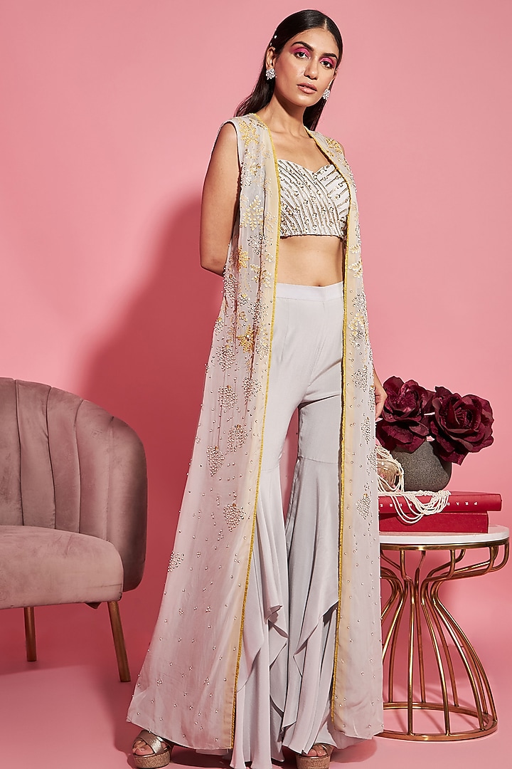 Grey Embroidered Bustier With Cape & Pants by Sanya Gulati