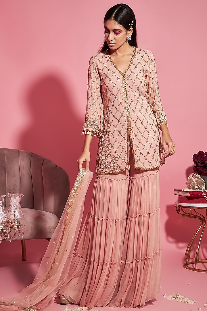 Blush Pink Embroidered Shirt With Sharara Pants by Sanya Gulati