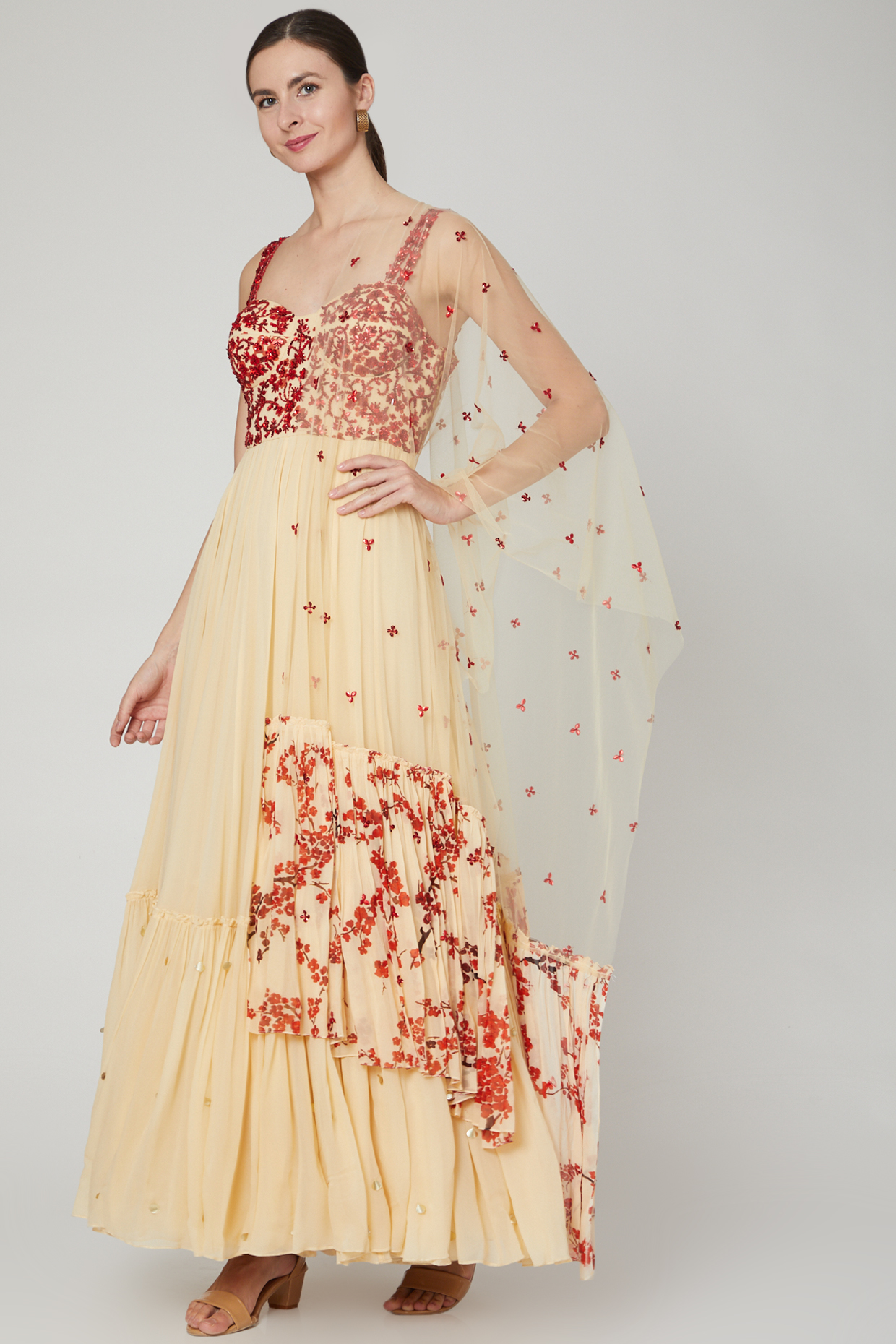 Beige & Red Printed Anarkali With Dupatta by Sanya Gulati