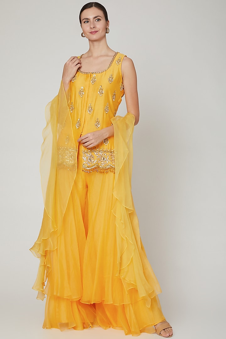 Yellow Embroidered Sharara Set by Sanya Gulati