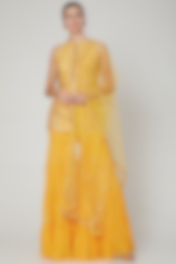 Yellow Hand Embroidered Sharara Set by Sanya Gulati