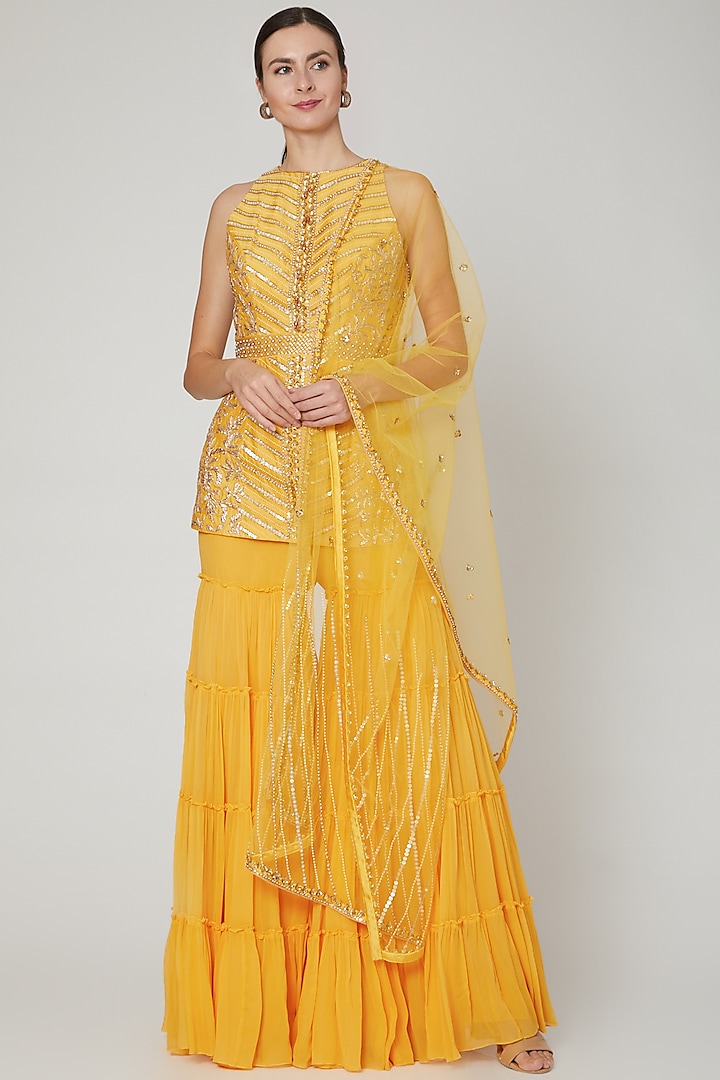 Yellow Hand Embroidered Sharara Set by Sanya Gulati