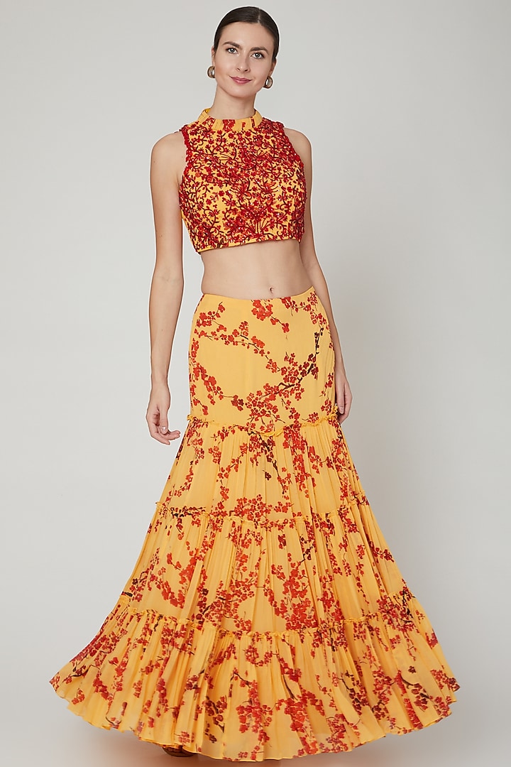 Yellow Embroidered & Printed Skirt Set by Sanya Gulati