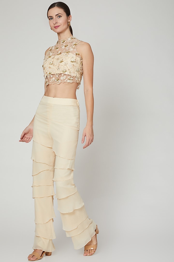 Beige Embroidered Top With Pants by Sanya Gulati