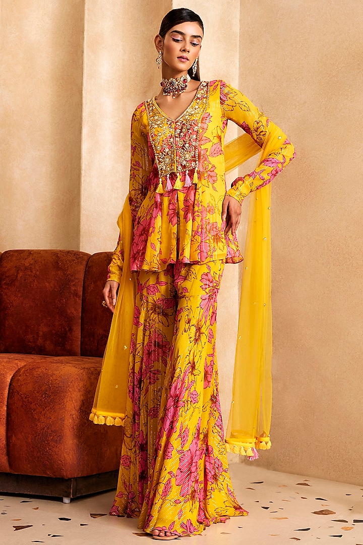 Yellow & Pink Georgette Floral Printed Flared Sharara Set by Sanya Gulati