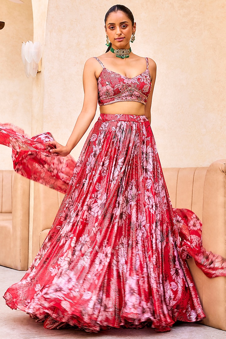 Red & Pink Georgette Floral Printed Wedding Lehenga Set by Sanya Gulati at Pernia's Pop Up Shop