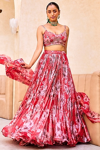 Red & Pink Georgette Floral Printed Lehenga Set by Sanya Gulati