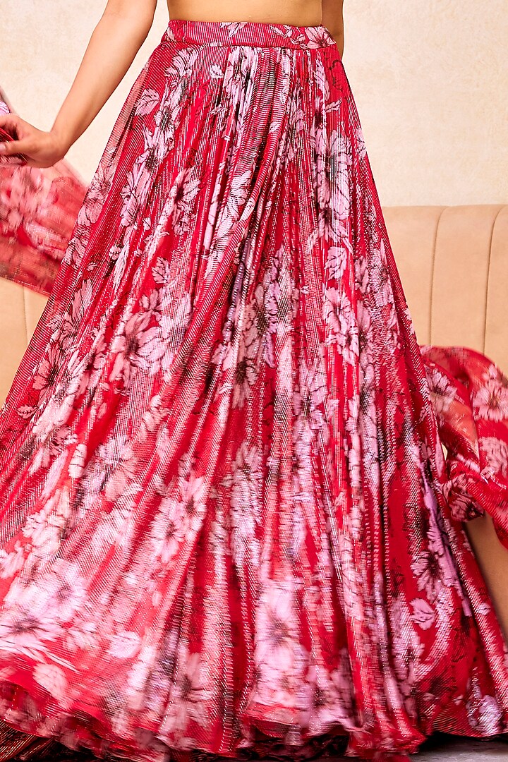 Red & Pink Georgette Floral Printed Wedding Lehenga Set by Sanya Gulati at Pernia's Pop Up Shop