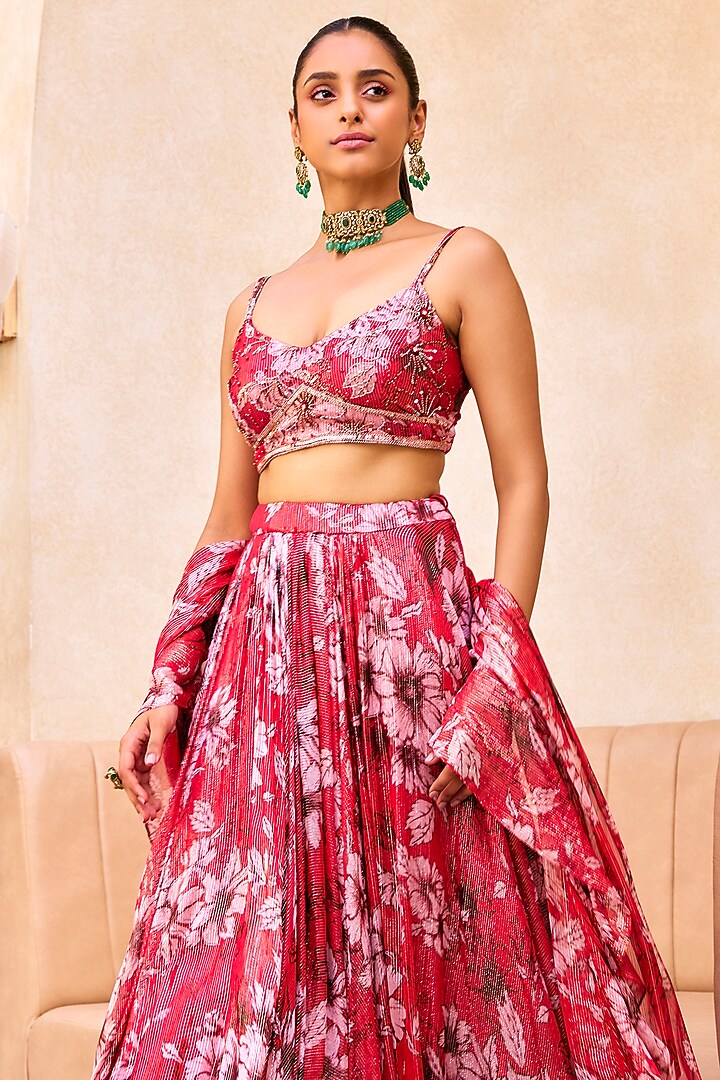 Red & Pink Georgette Floral Printed Wedding Lehenga Set by Sanya Gulati at Pernia's Pop Up Shop