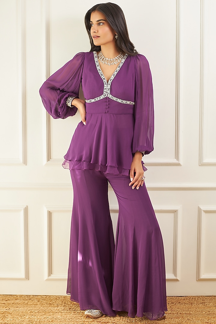 Purple Organza Pant Set by Sanya Gulati