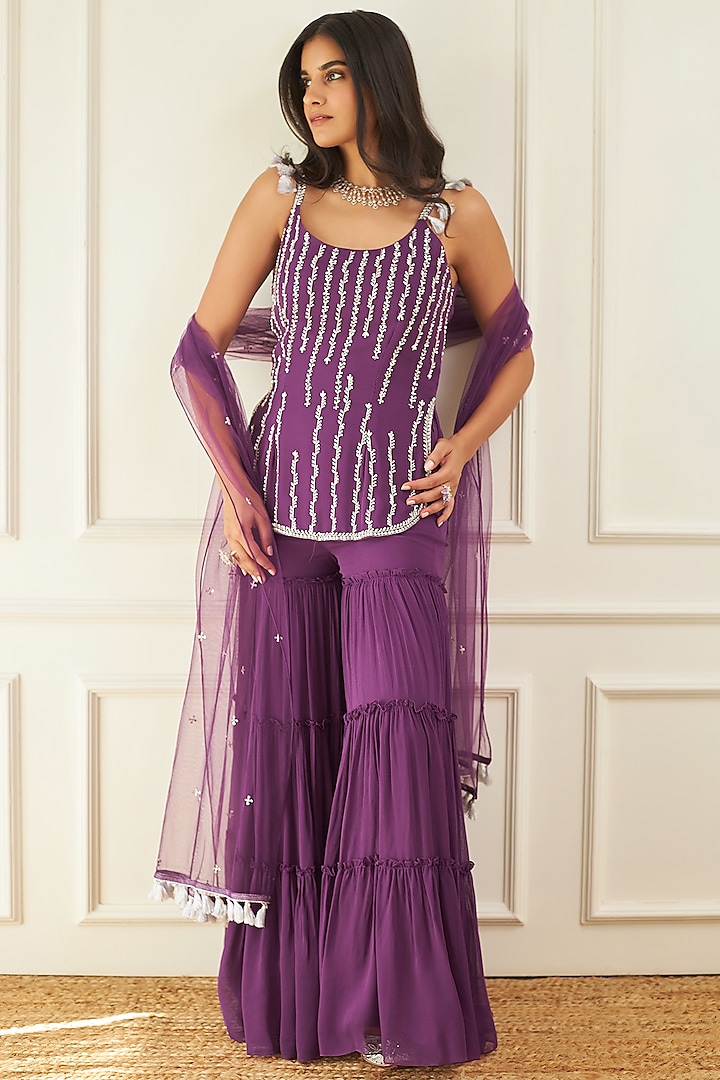 Purple Georgette Sharara Set by Sanya Gulati