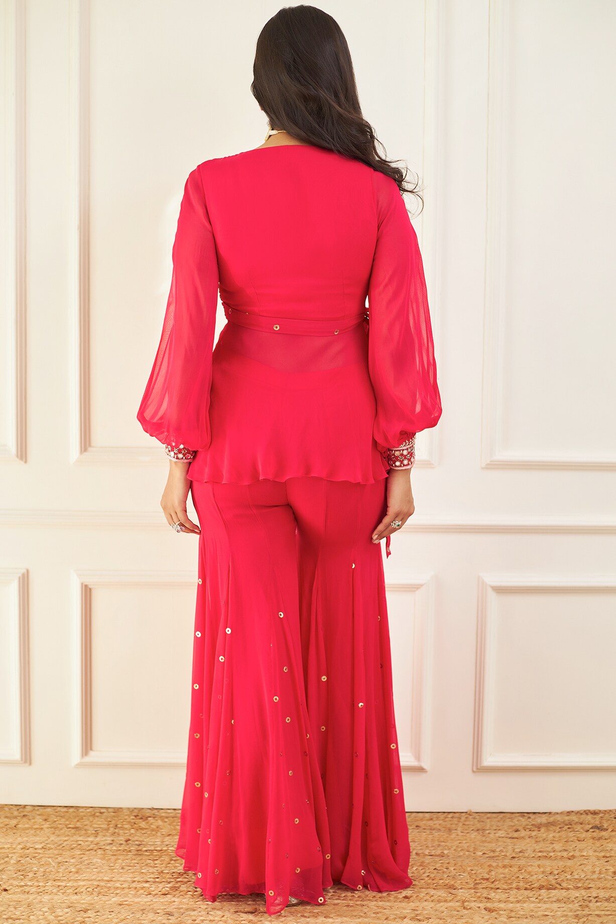 Hot Pink Georgette Pant Set Design by Sanya Gulati at Pernia's Pop