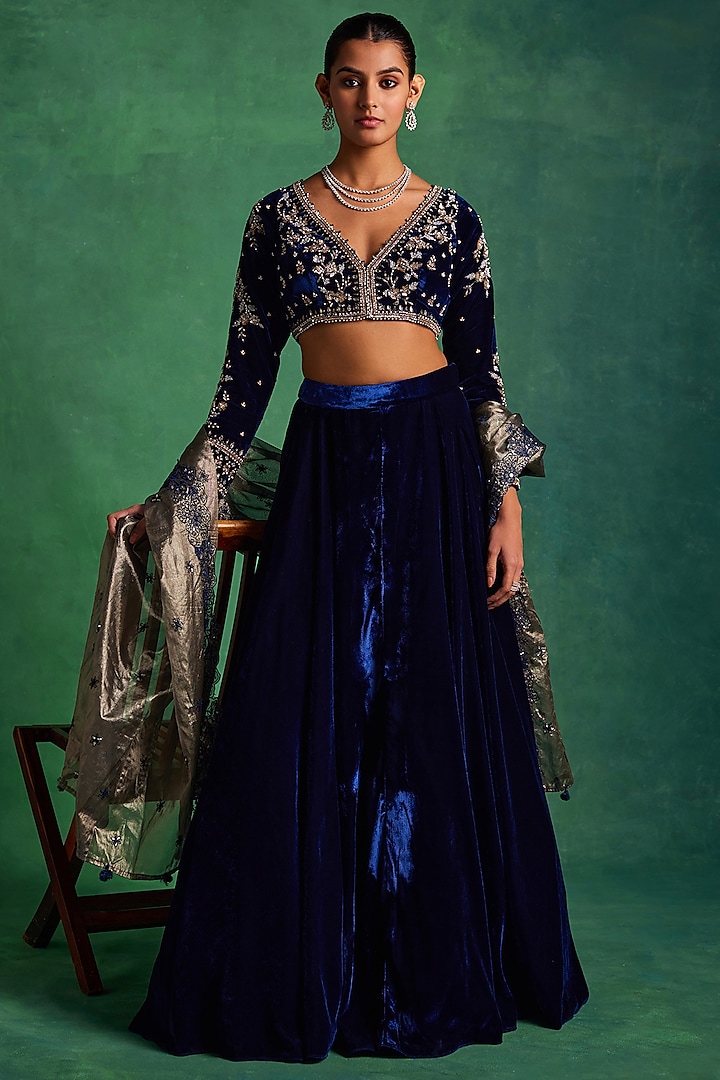 Navy Blue Velvet Wedding Lehenga Set by Sanya Gulati at Pernia's Pop Up Shop