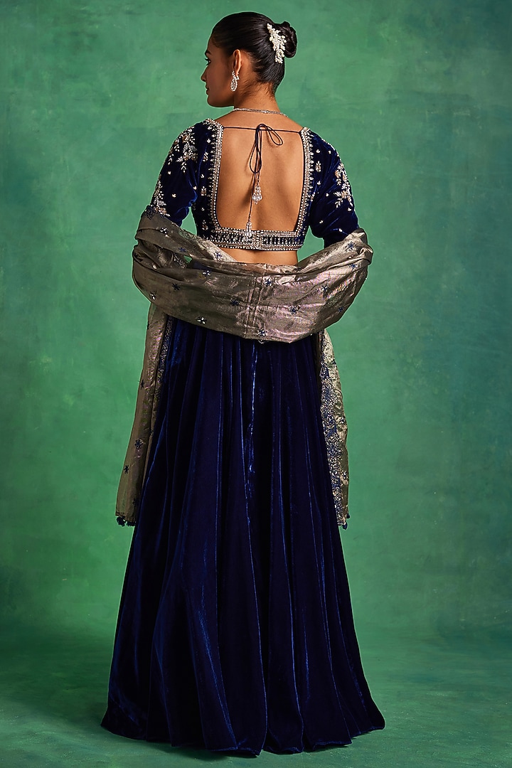 Navy Blue Velvet Wedding Lehenga Set by Sanya Gulati at Pernia's Pop Up Shop