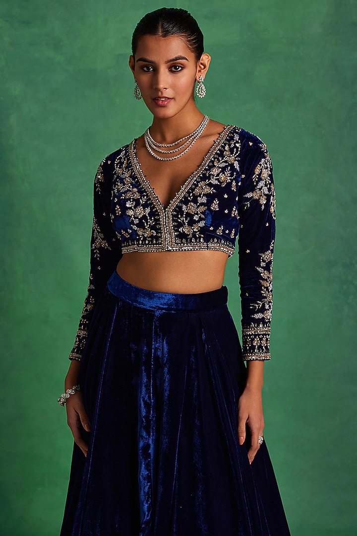 Navy Blue Velvet Wedding Lehenga Set by Sanya Gulati at Pernia's Pop Up Shop