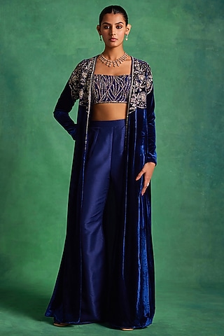 Blue Silk Velvet Hand Embroidered Jacket Set by Sanya Gulati