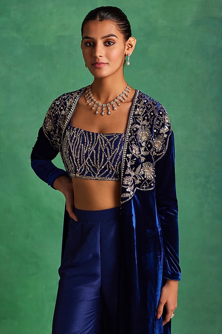Blue Silk Velvet Hand Embroidered Jacket Set by Sanya Gulati at Pernia's Pop Up Shop