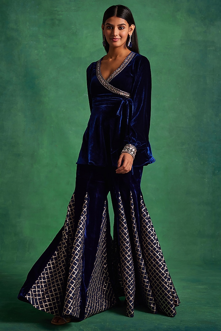 Blue Silk Checkered Godet Pant Set by Sanya Gulati