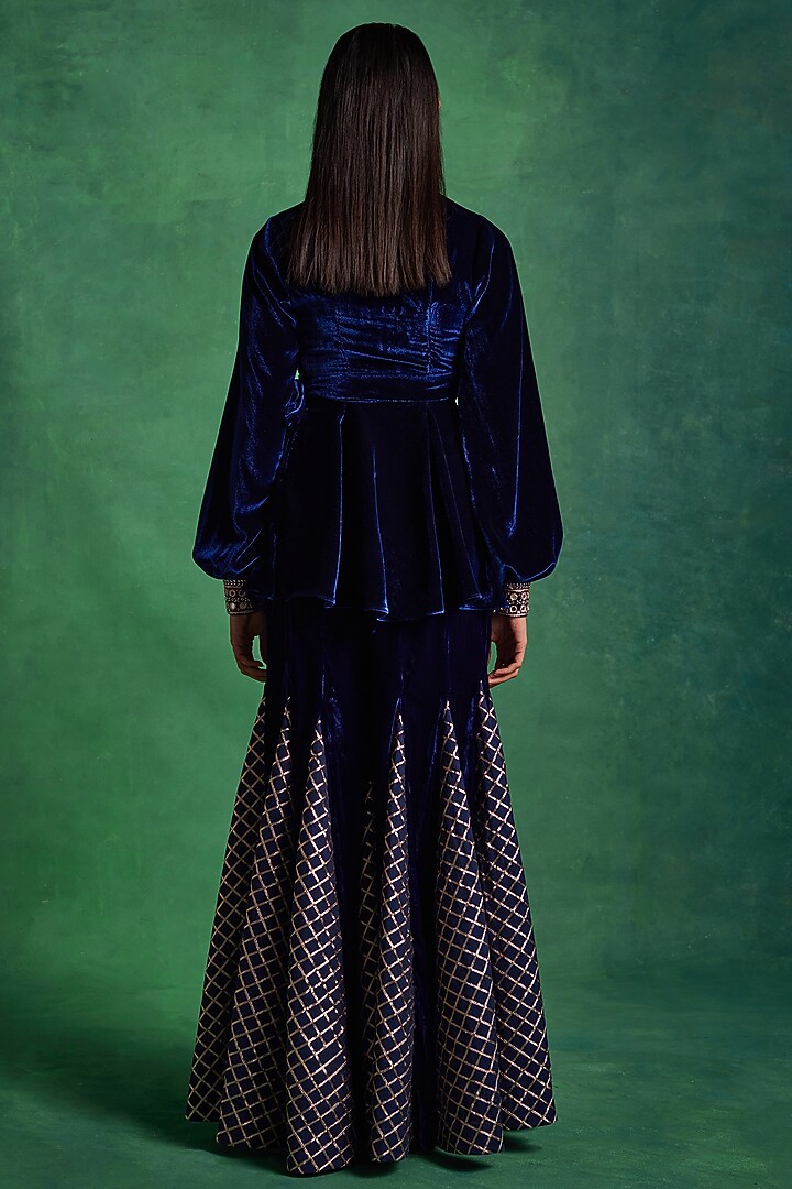 Blue Silk Checkered Godet Pant Set by Sanya Gulati at Pernia's Pop Up Shop