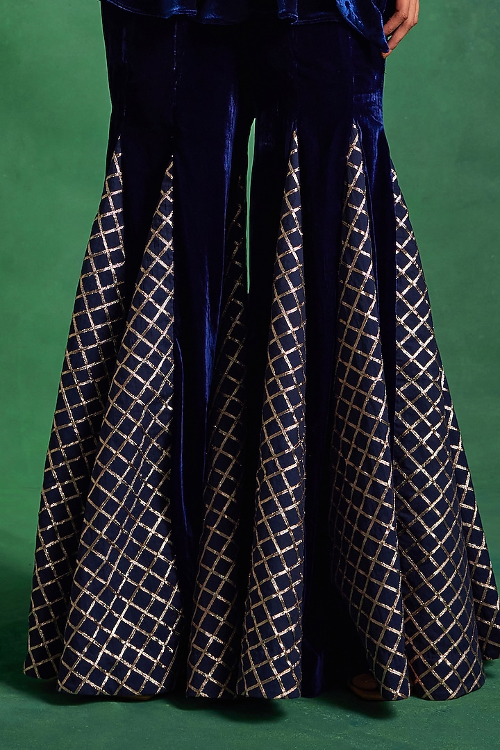 Blue Silk Checkered Godet Pant Set by Sanya Gulati at Pernia's Pop Up Shop
