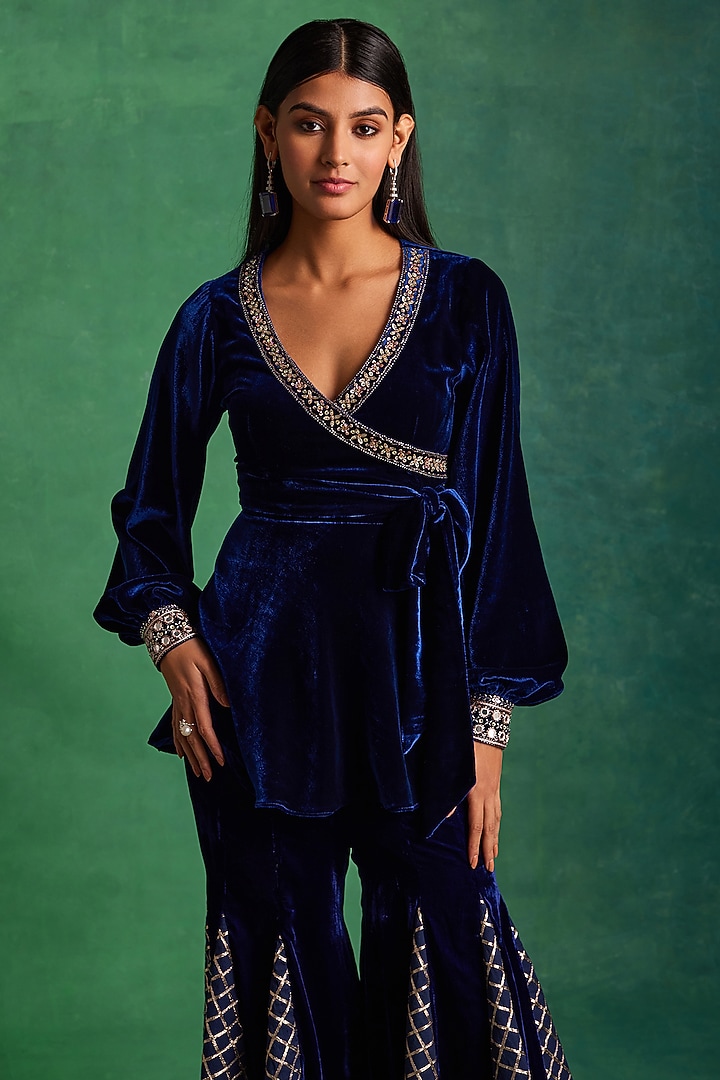 Blue Silk Checkered Godet Pant Set by Sanya Gulati at Pernia's Pop Up Shop