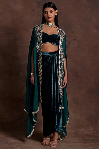 Green Organza Hand Embroidered Cape Set by Sanya Gulati