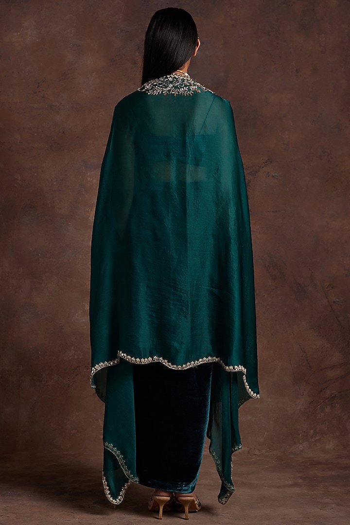 Green Organza Hand Embroidered Cape Set by Sanya Gulati at Pernia's Pop Up Shop