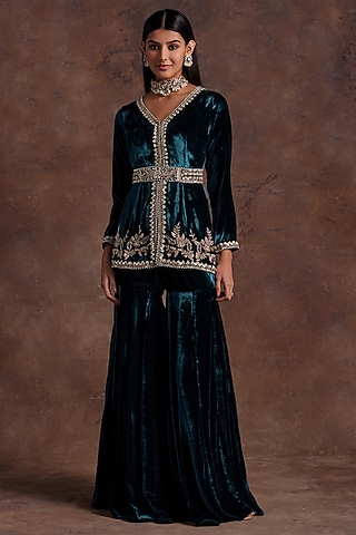 Green Silk Velvet Sharara Set by Sanya Gulati