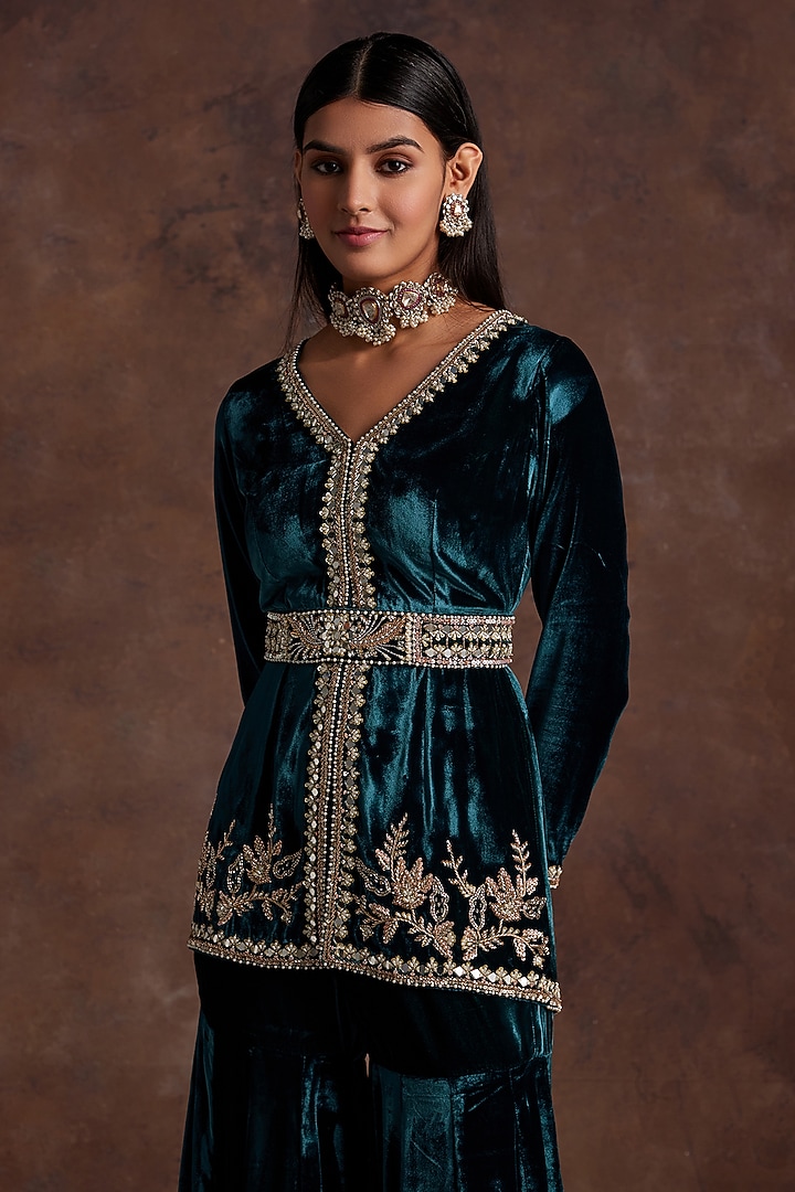 Green Silk Velvet Wedding Sharara Set by Sanya Gulati at Pernia's Pop Up Shop