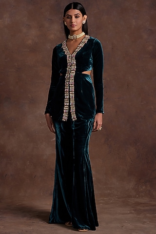 Green Silk Velvet Pant Set by Sanya Gulati