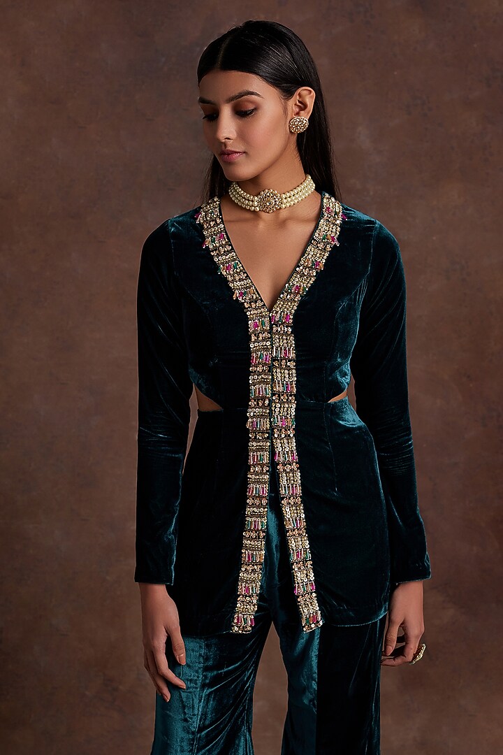 Green Silk Velvet Pant Set by Sanya Gulati at Pernia's Pop Up Shop