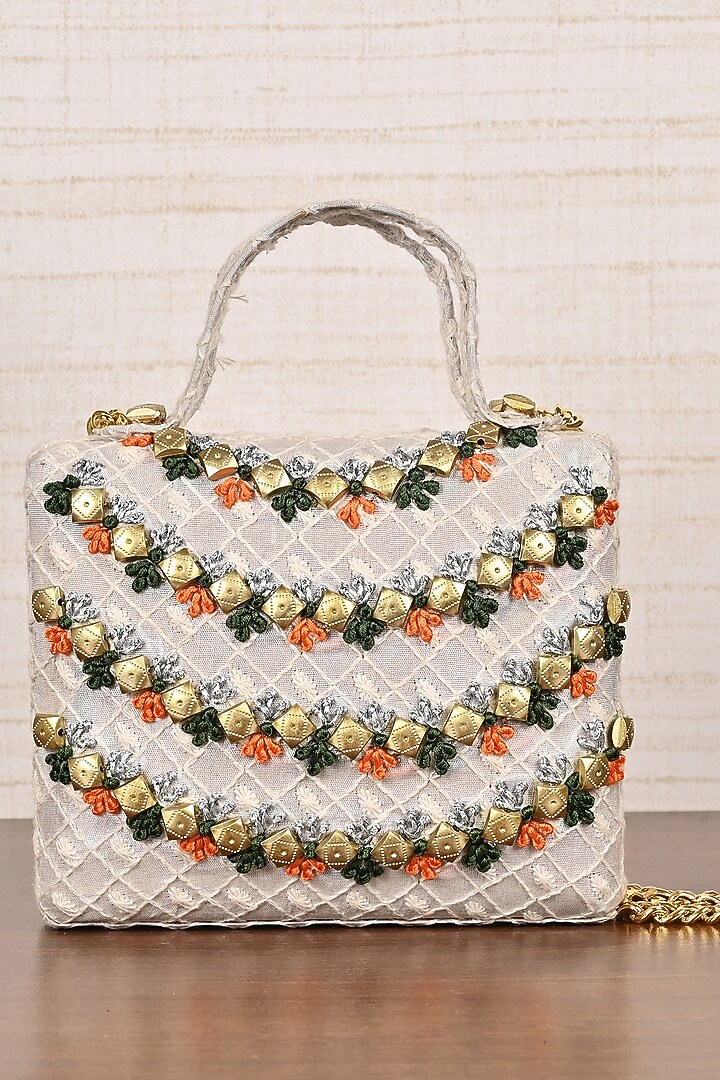 Ivory Silk Blend Thread Embroidered Clutch by Soniya G Accessories at Pernia's Pop Up Shop