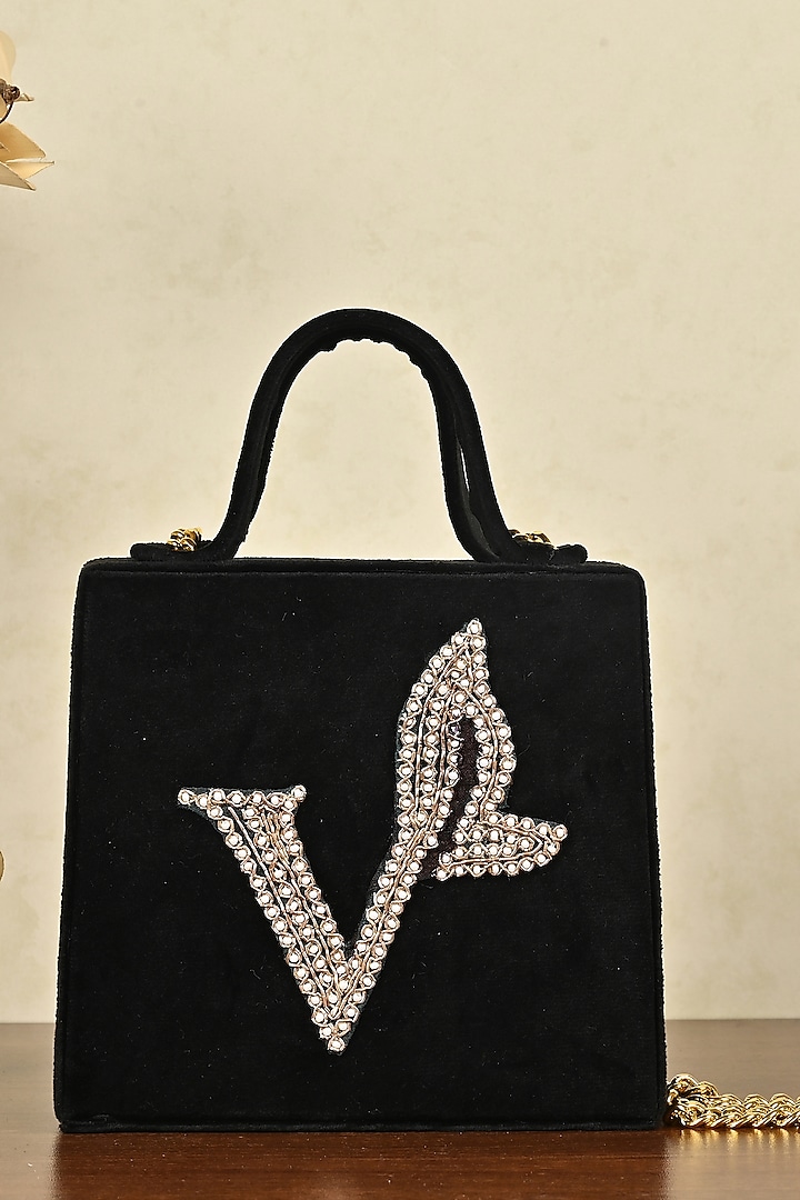 Black Silk Blend Zari Embroidered Clutch by Soniya G Accessories
