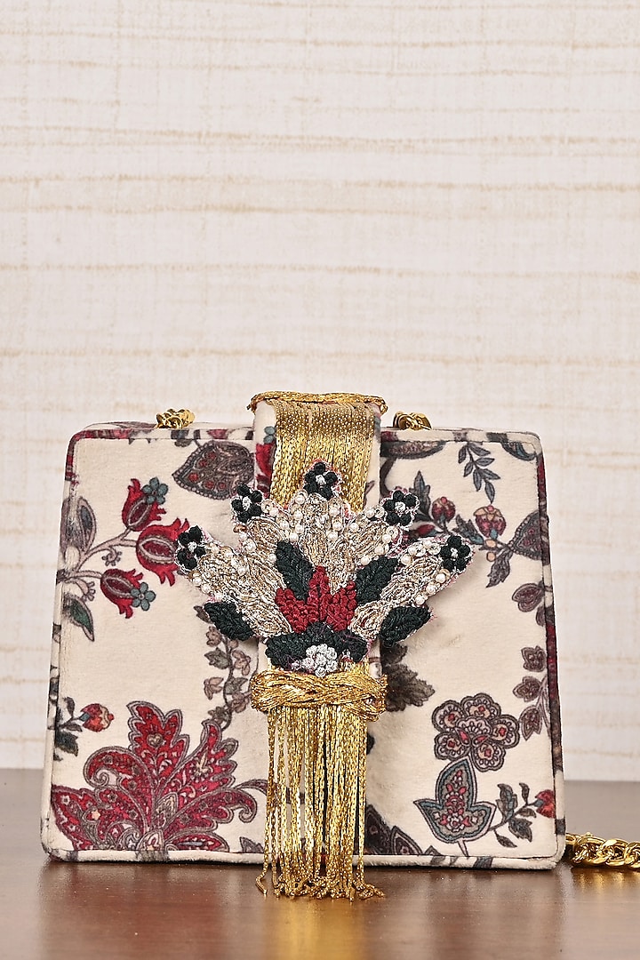 Ivory Silk Blend Printed & Embroidered Clutch by Soniya G Accessories