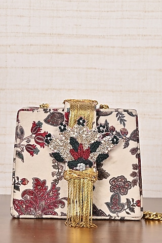 Ivory Silk Blend Printed & Embroidered Clutch by Soniya G Accessories