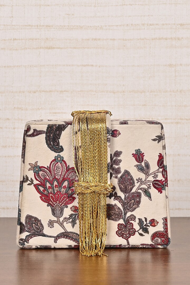 Ivory Silk Blend Printed & Embroidered Clutch by Soniya G Accessories at Pernia's Pop Up Shop
