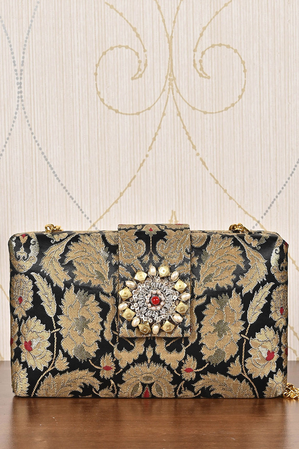 Black Brocade Hand Embroidered Clutch by Soniya G Accessories