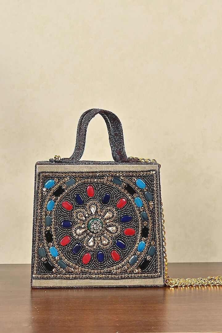 Multi-Colored Silk Blend Hand Embroidered Clutch by Soniya G Accessories