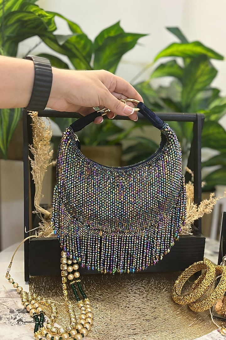 Black Velvet Bead & Tassel Embroidered Clutch by Soniya G Accessories at Pernia's Pop Up Shop