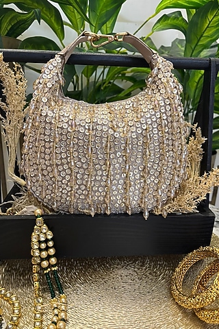 Beige Velvet Sequin & Bead Embellished Clutch by Soniya G Accessories