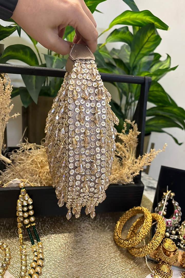 Beige Velvet Sequin & Bead Embellished Clutch by Soniya G Accessories at Pernia's Pop Up Shop