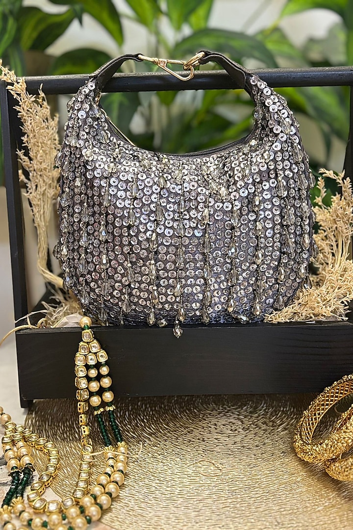 Grey Velvet Sequin & Bead Embellished Clutch by Soniya G Accessories at Pernia's Pop Up Shop