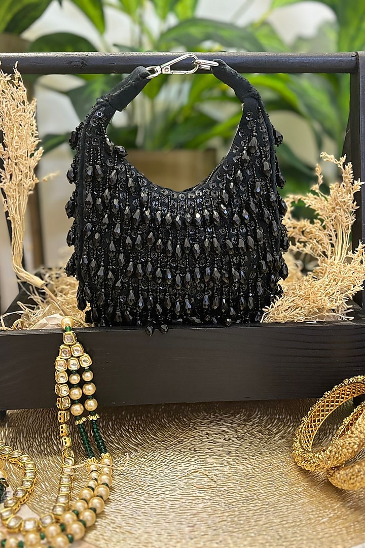 Black Velvet Bead Embroidered Clutch by Soniya G Accessories at Pernia's Pop Up Shop