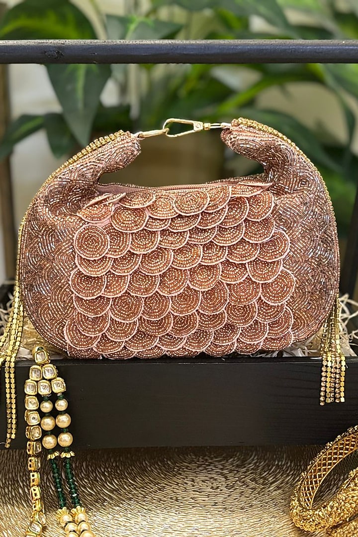 Rose Gold Velvet Bead & Stone Embroidered Clutch by Soniya G Accessories at Pernia's Pop Up Shop