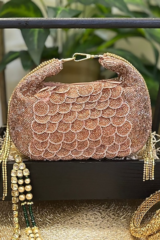 Rose Gold Velvet Bead & Stone Embroidered Clutch by Soniya G Accessories