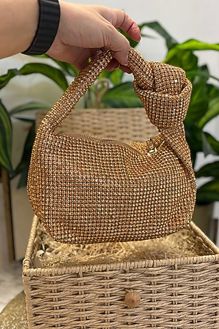 Rose Gold Rhinestone Side Knot Clutch by Soniya G Accessories