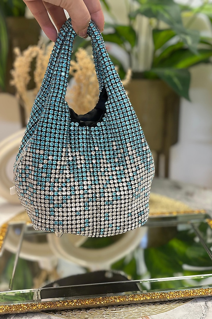 Sea Blue Rhinestone Bucket Bag by Soniya G Accessories at Pernia's Pop Up Shop